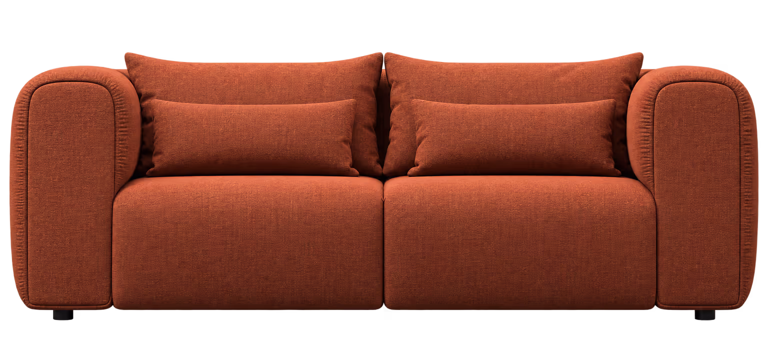 The Luma sofa in terracotta, seen from the front