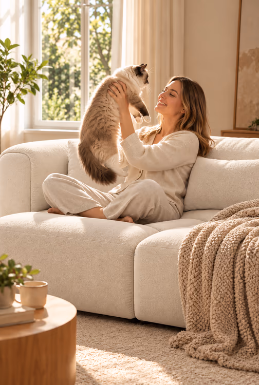 Rachel lifting her cat on a cream Luma sofa